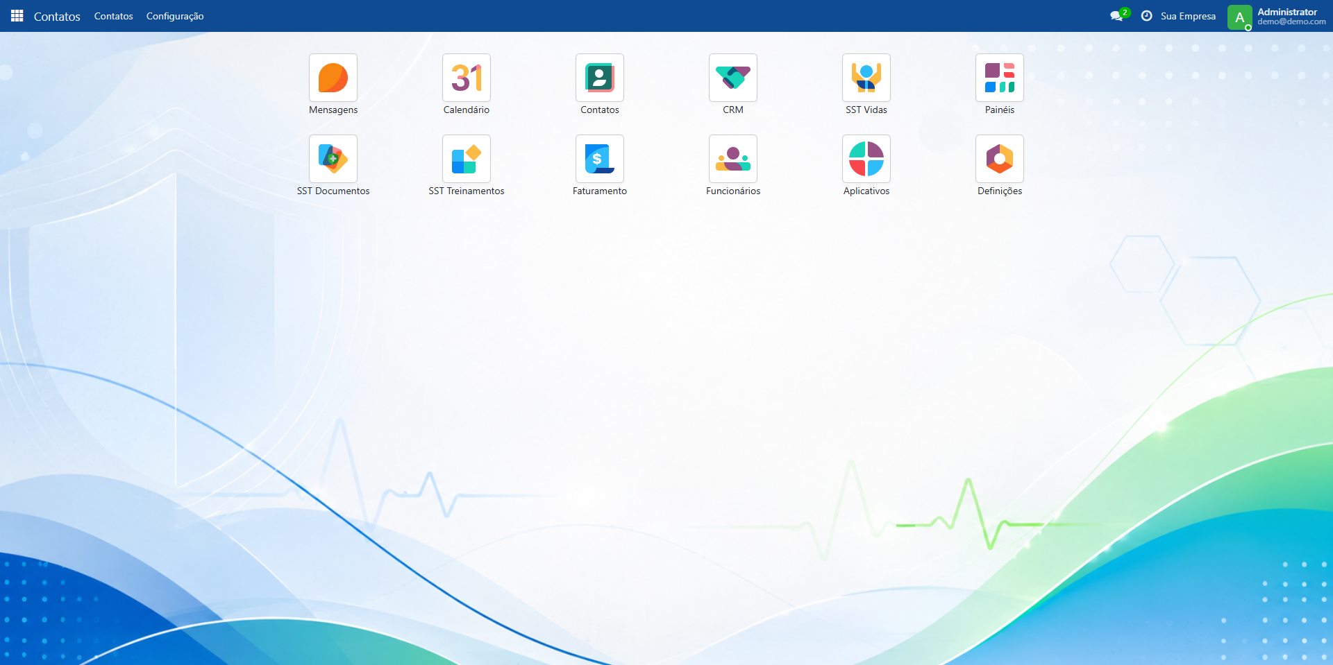 Interface do ERP Linkatudo com aplicativos de CRM, calendário, contatos, faturamento e gestão comercial.